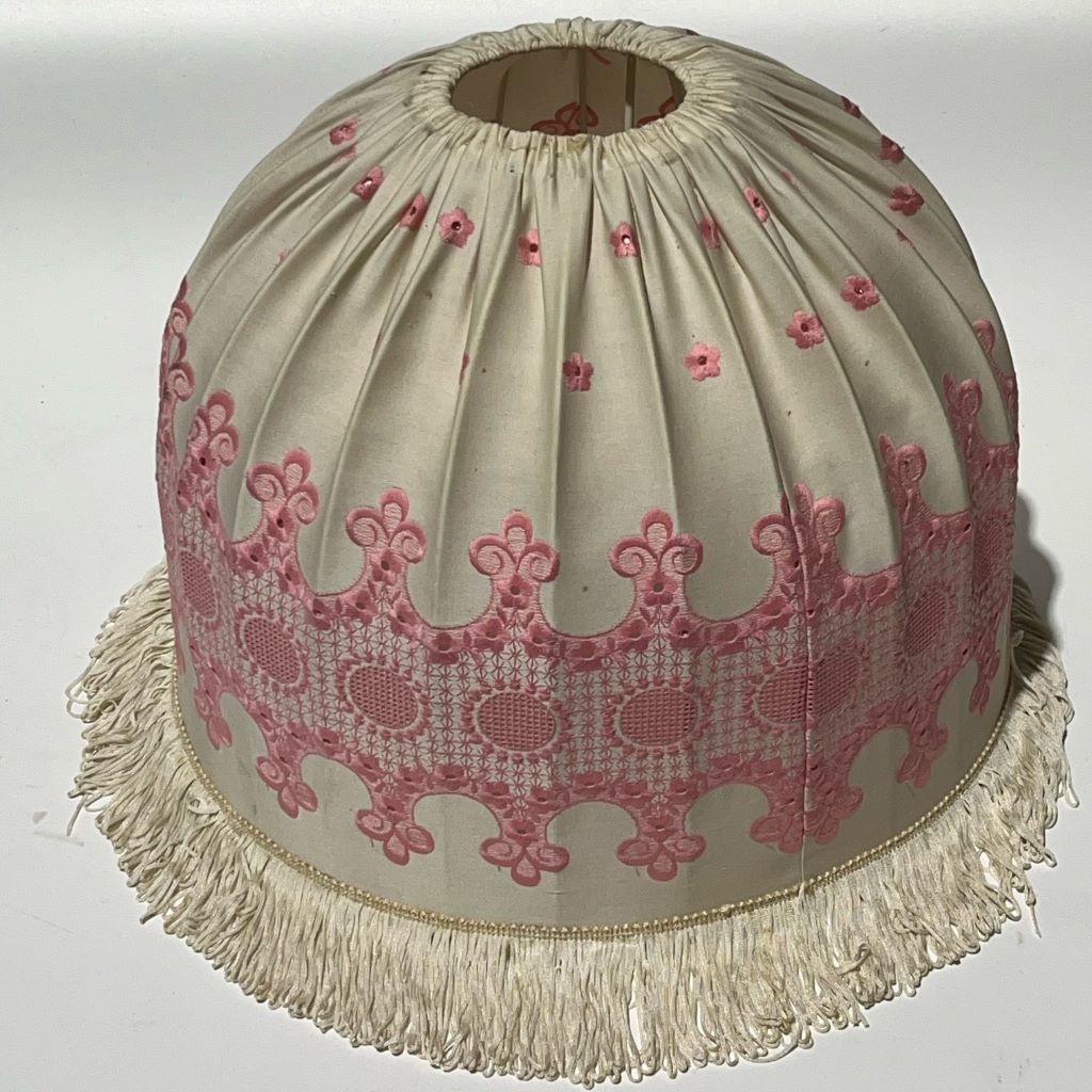 LAMPSHADE, Pink Floral Embroidery (Medium) - Pale Pink Fringe